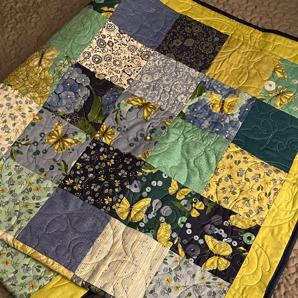Patchwork Quilt with Blue and Green Accents